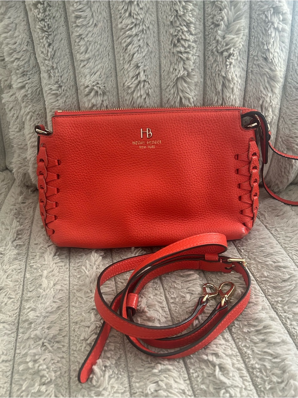 Henri Bendel Orange Pebbled Leather Whipstitch Crossbody Bag Rare